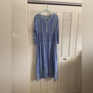 Women’s Blue & White 3/4 Sleeves Maxi Dress Size Medium Beach Vibe Summer Spring